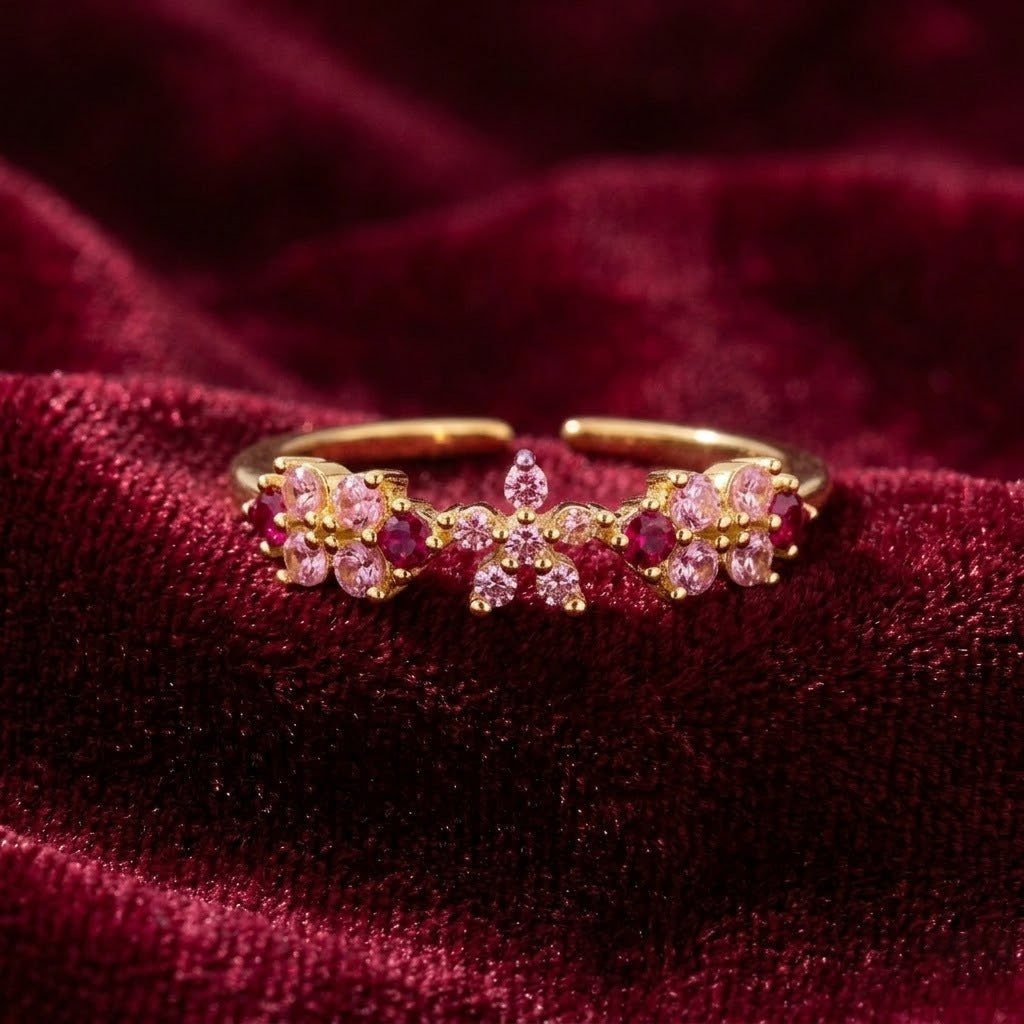 Pink Zircon Flower Open-Ring, Adjustable Gold Plated Statement Ring