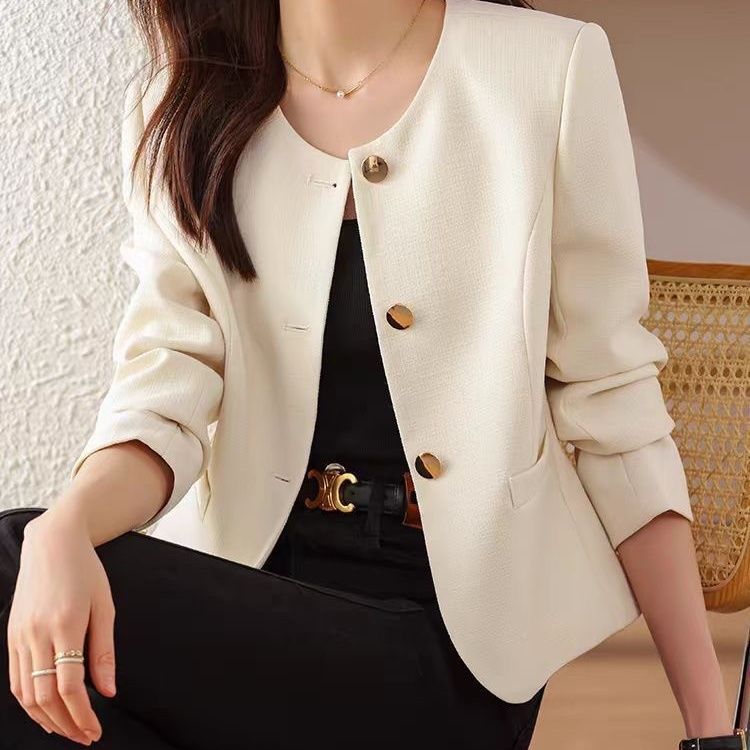 Women's Cream Cropped Crew Neck Jacket Lightweight Casual Blazer - Image 2
