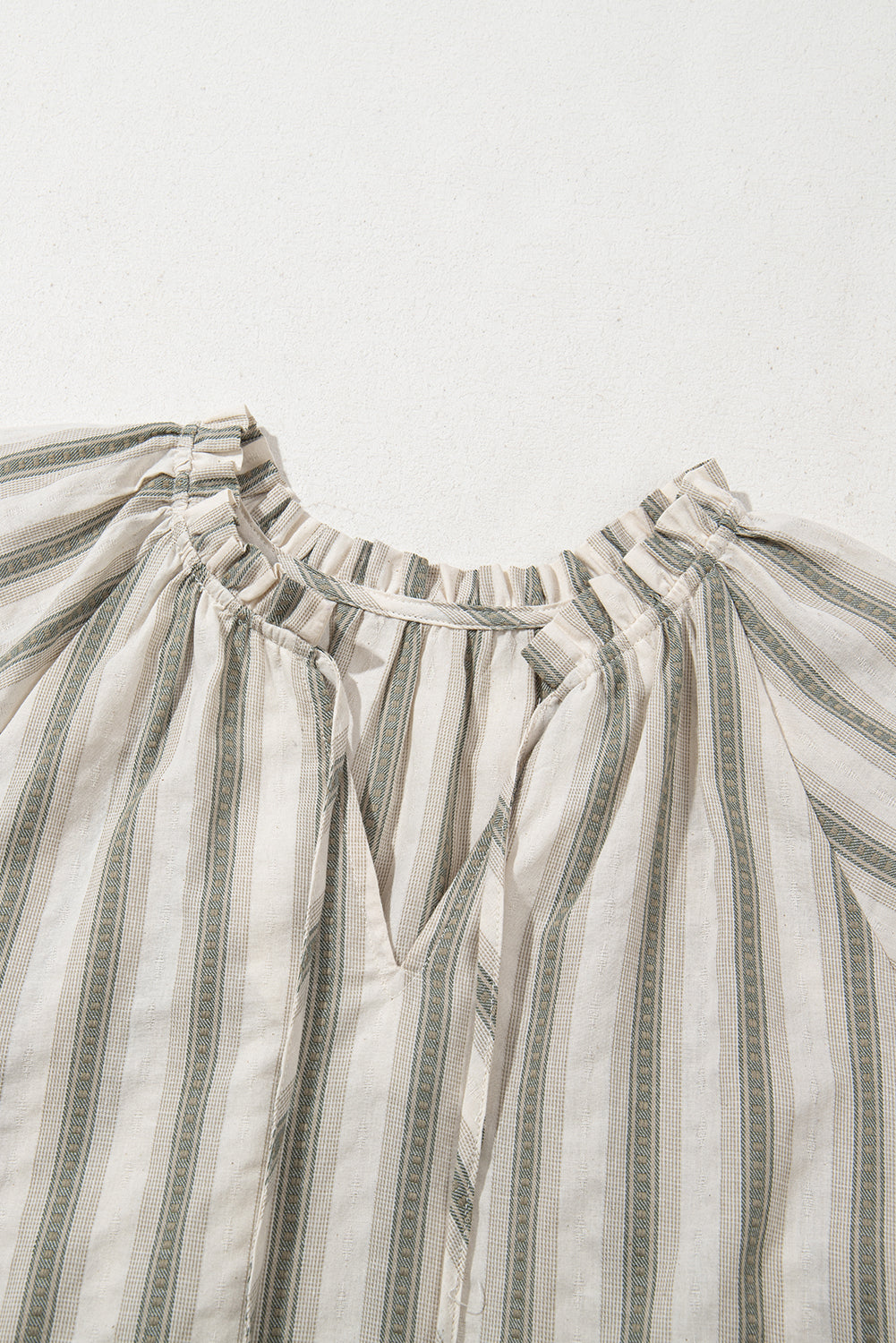 Striped Frilled Tie-Neck Short Sleeve Blouse | Cotton