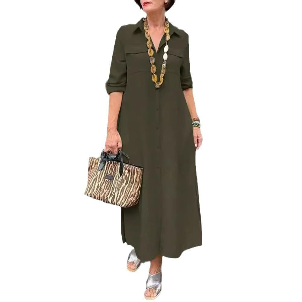 Long Sleeve Button Lapel Dress in Minimalist Solid Colors