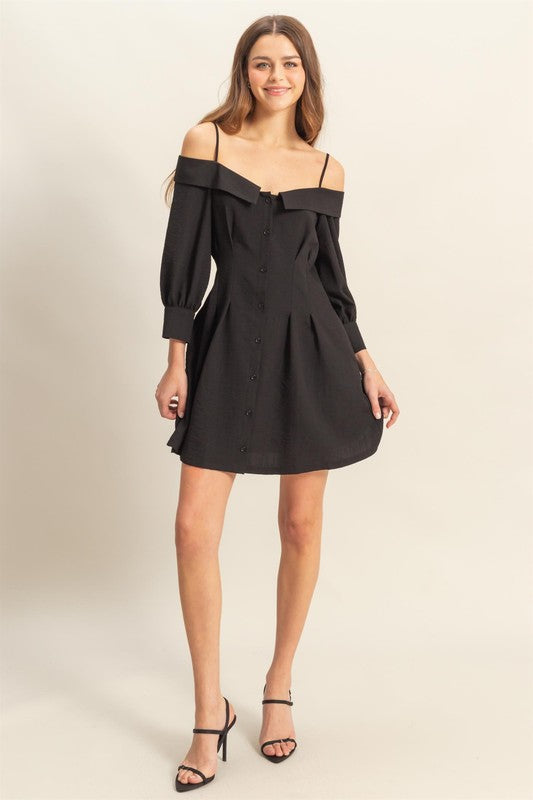 Black Button Down Spaghetti Strap Mini Dress with Pockets