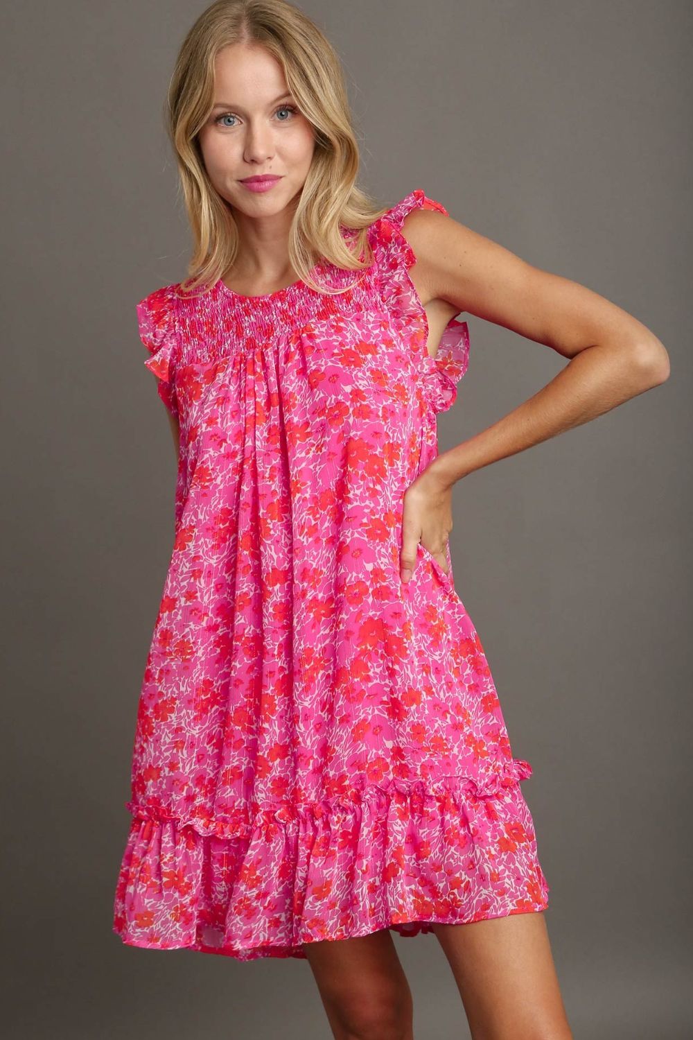Pink and red floral chiffon dress with smocked bodice and ruffle sleeves