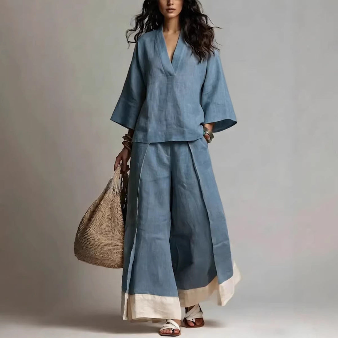 Cotton-Linen V-Neck Two-Piece Set: Wide-Leg Pants & 3/4 Sleeve Top