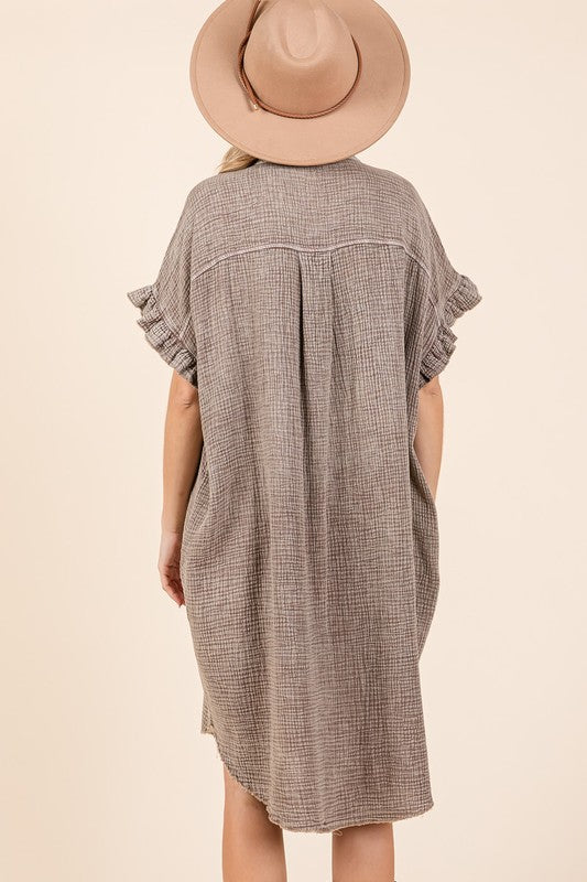 Mineral Wash Cotton Gauze Shirt Dress - Casual Ruffle Sleeve