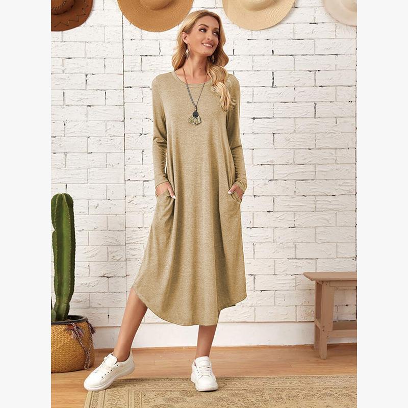 Women's Long Sleeve Cotton Blend Midi Dress with Side Pockets - Image 3