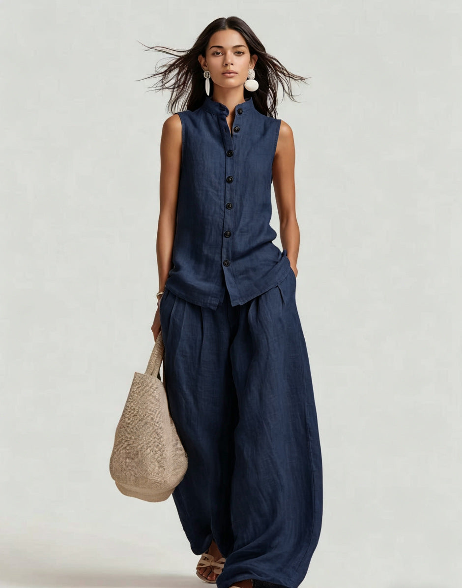 Sleeveless Stand Collar Top and Wide-Leg Pants Set - Image 9