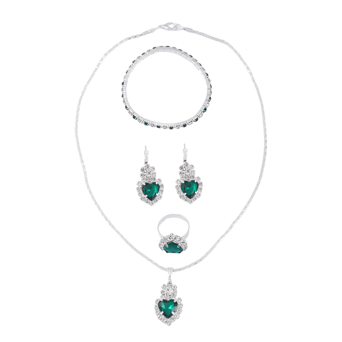 European And American Wholesale Four-Piece Set Of Diamond-Encrusted New Heart-Shaped Water Drop Rhinestone Necklace Earrings Ring Four-Piece Set For Women Cross-Border