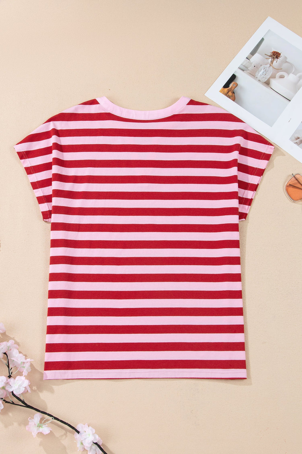 Stripe Split V-Neck Casual T-Shirt