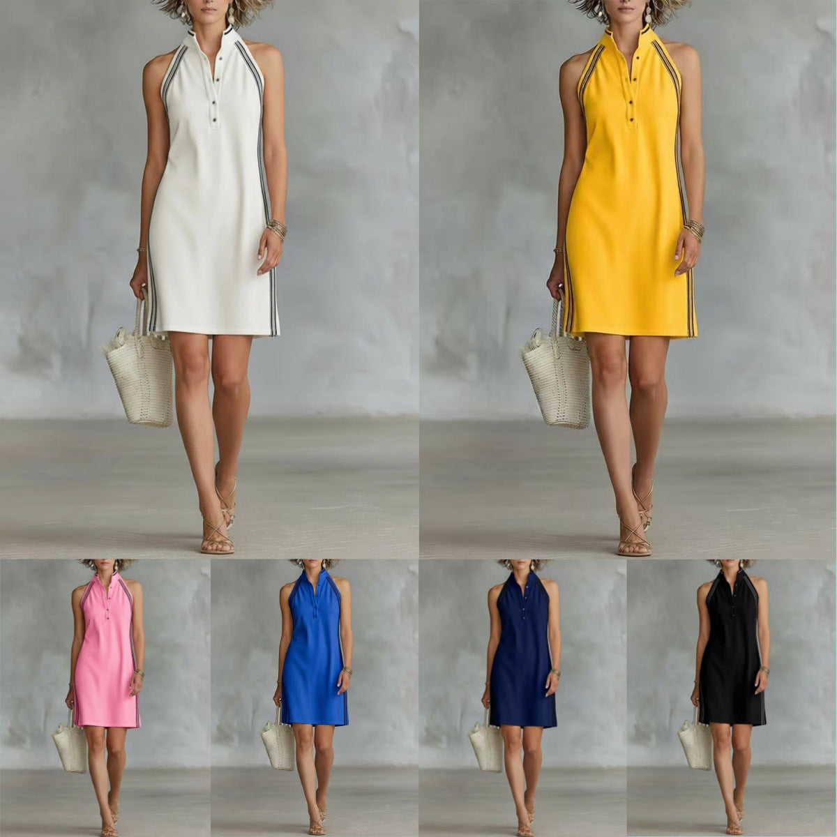 Women Sleeveless Polo Collar Shirt Dress Sporty Casual Mini Dress - Image 3