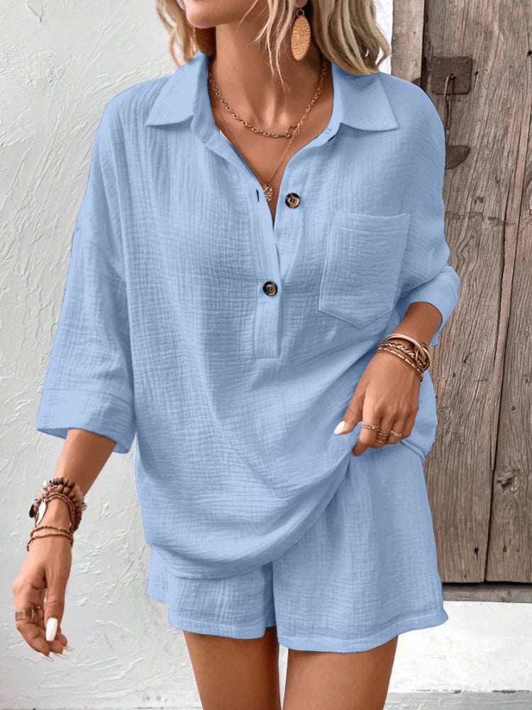 Women's Button-Down Lapel Shirt and Drawstring Shorts Set - Image 9
