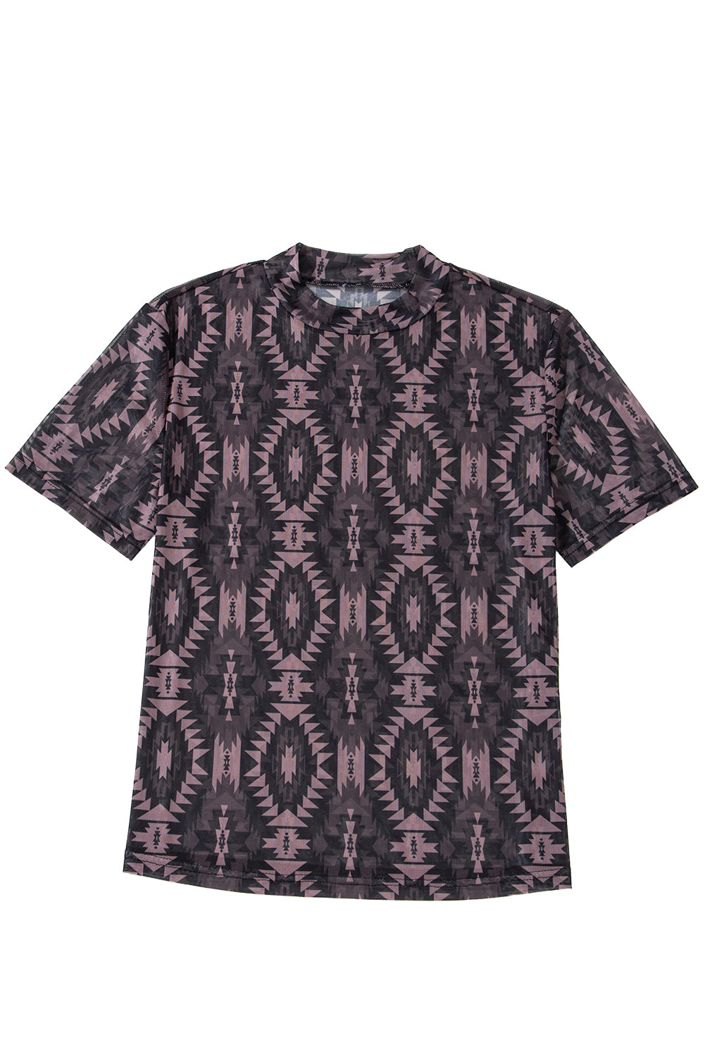 Brown Aztec Print Mock Neck Short Sleeve Mesh T-Shirt