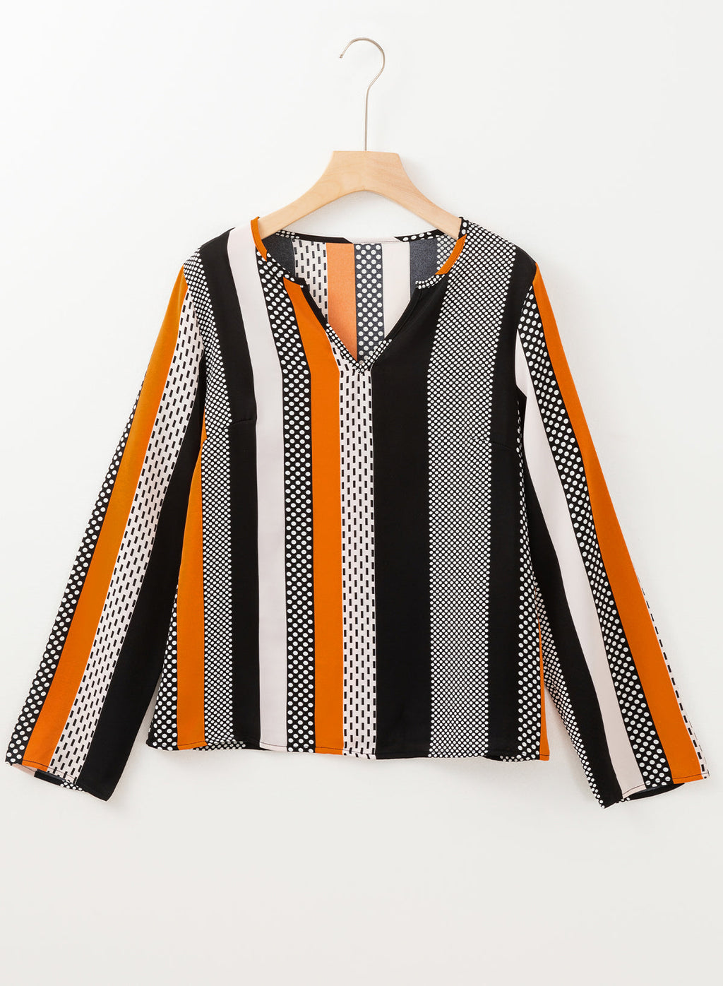 Polka Dot Stripe Notched V-Neck Long Sleeve Blouse