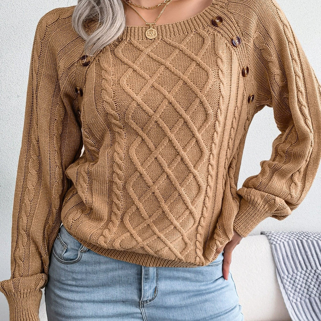 Women's Textured Cable Knit Sweater with Decorative Buttons - Image 15