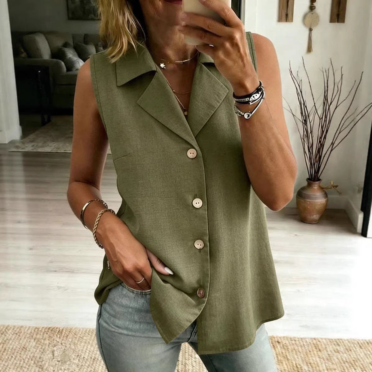 Women's Button-Front Sleeveless Collared Vest Top - Image 4