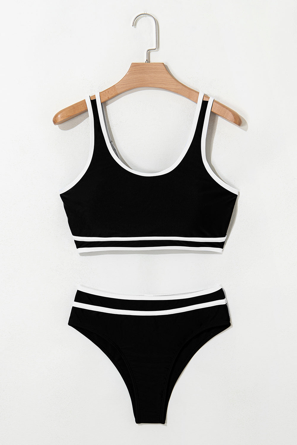 Black Contrast Trim U Neck High Waist Bikini Set