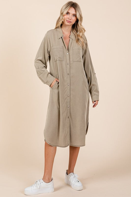 Button Down Long Sleeve Cotton Shirt Dress - Olive-Green & Khaki