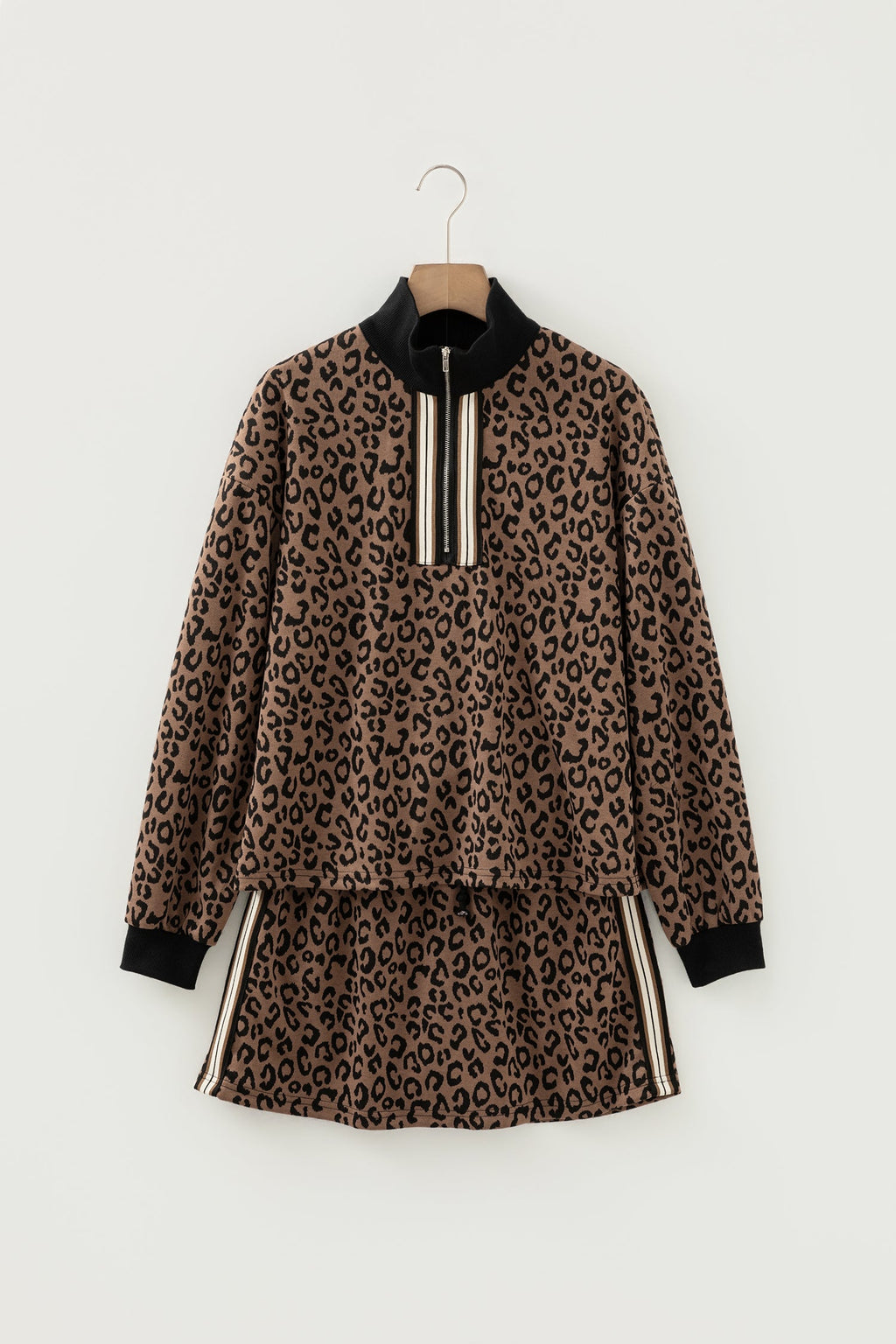 Leopard Print Quarter Zip Top & Mini Skirt Set