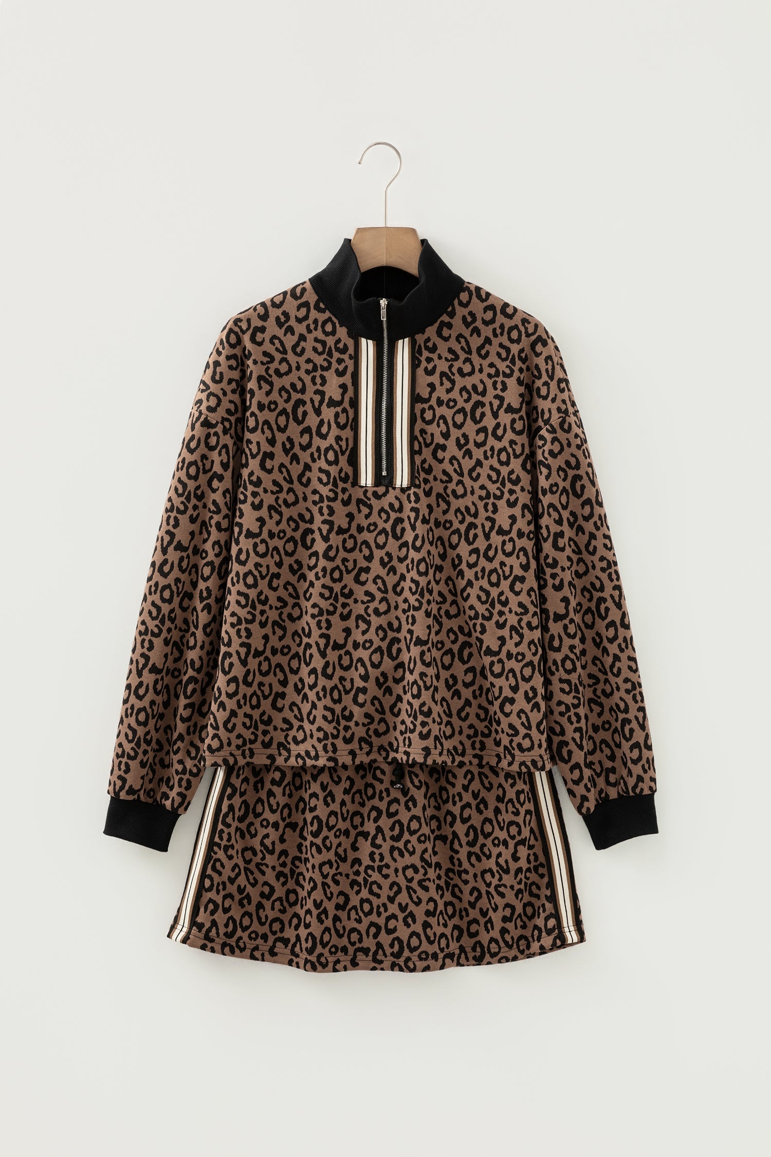 Leopard Print Quarter Zip Top & Mini Skirt Set