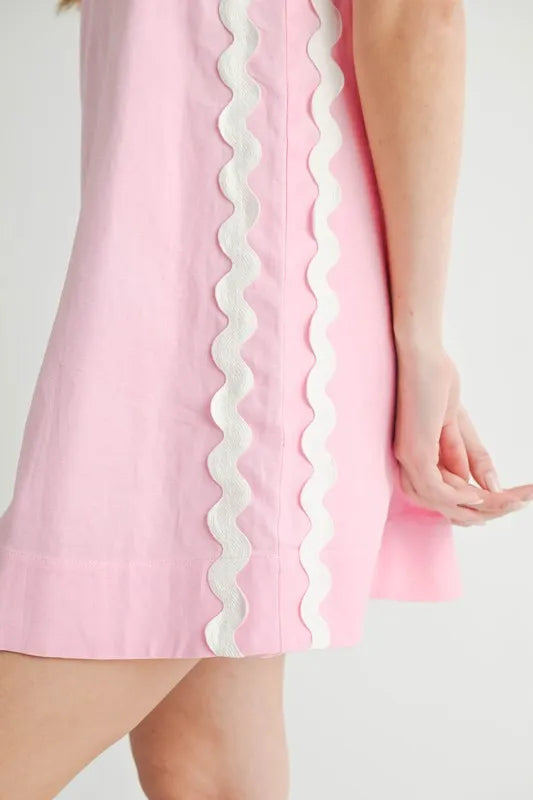 Linen Mix Ric Rac A-Line Mini Dress in Pink and White