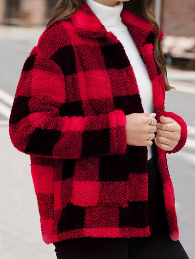 Women's Red Drop Shoulder Fuzzy Button-Up Jacket