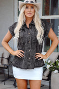 Black Short Sleeve Button Up Raw Hem Denim Shirt