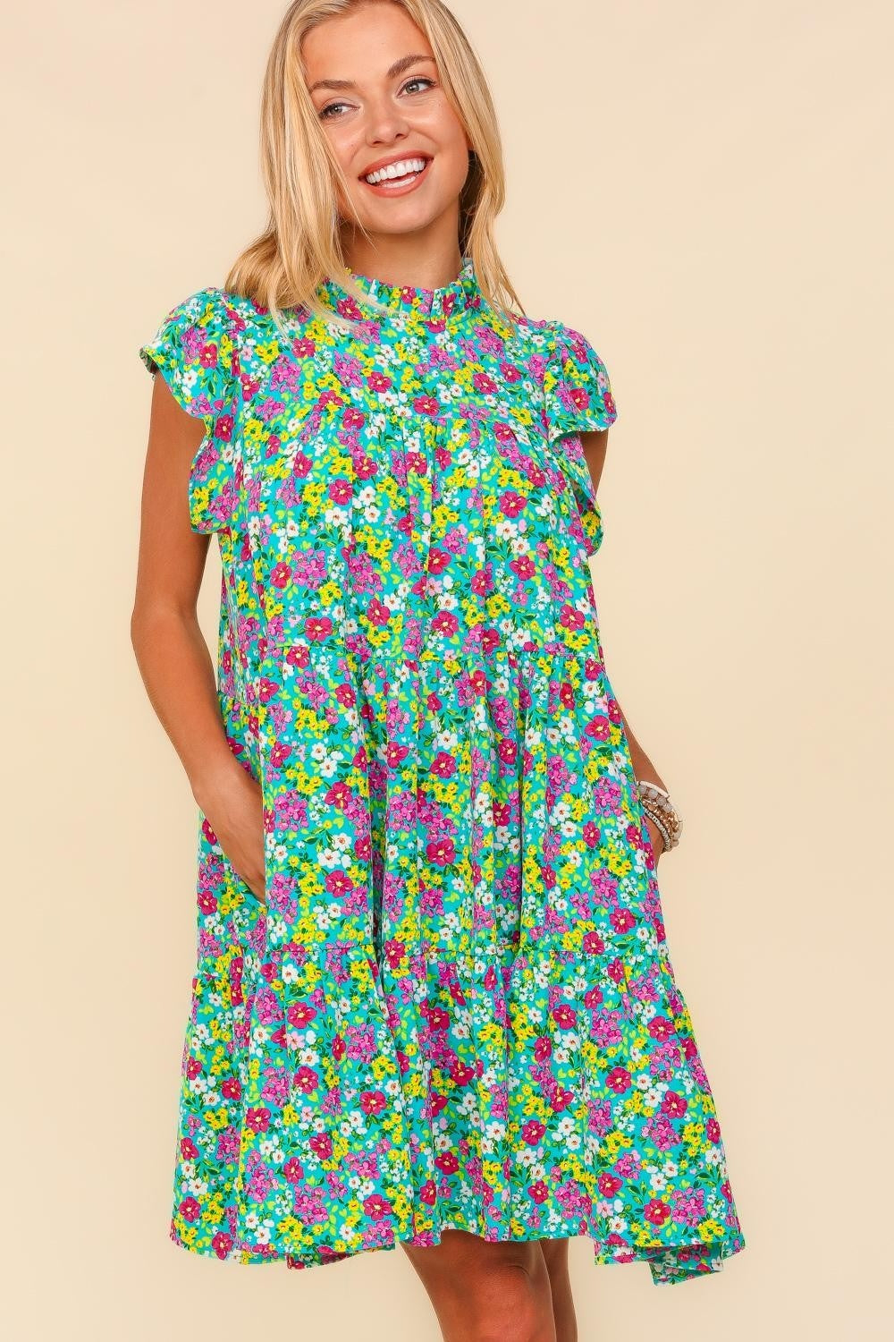 Frilled Mock Neck Ditsy Floral Tiered Dress with Pockets