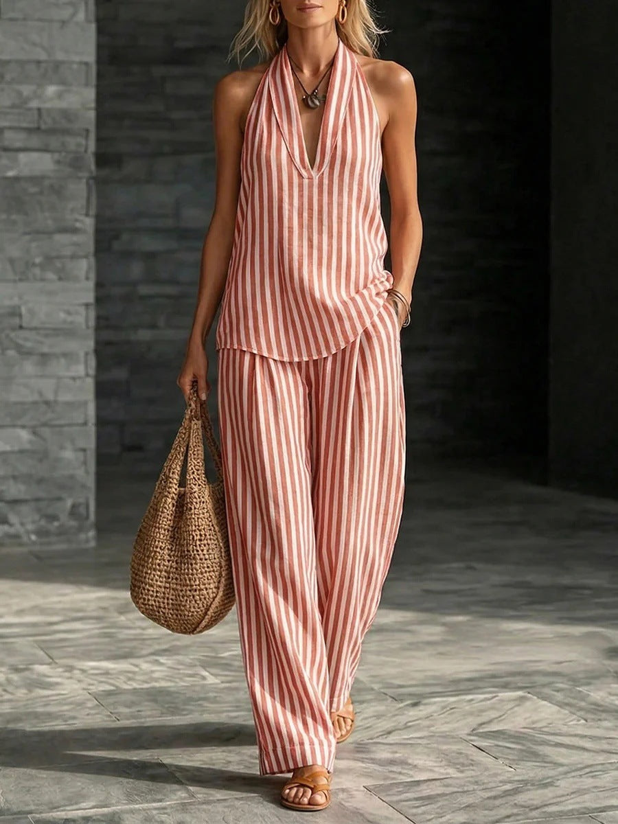 Women's Striped Sleeveless Halter Top and Wide Leg Pants Set - Image 8