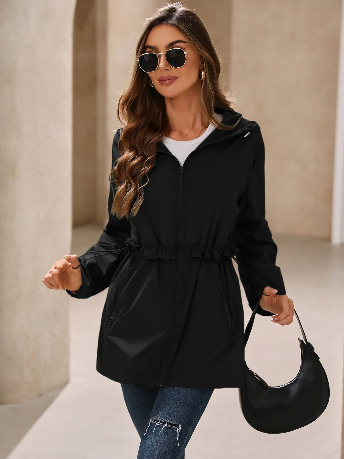 Women's Waterproof Hooded Windbreaker Jacket with Waist Detail - Image 29