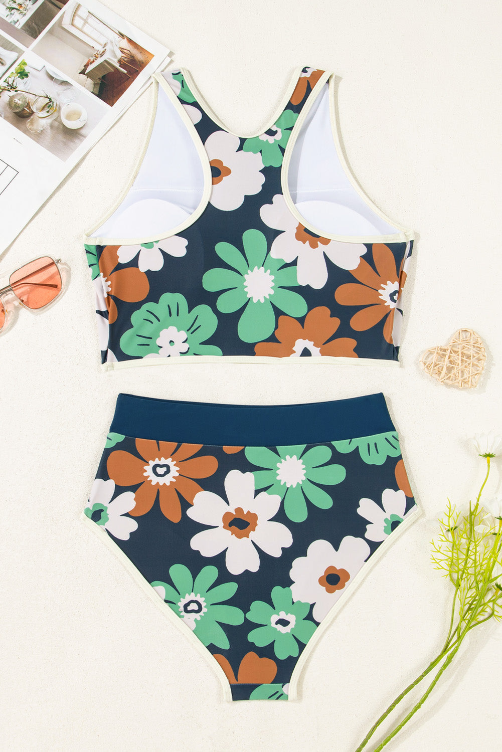 Blue Floral Zip Collar High Waist Bikini Top
