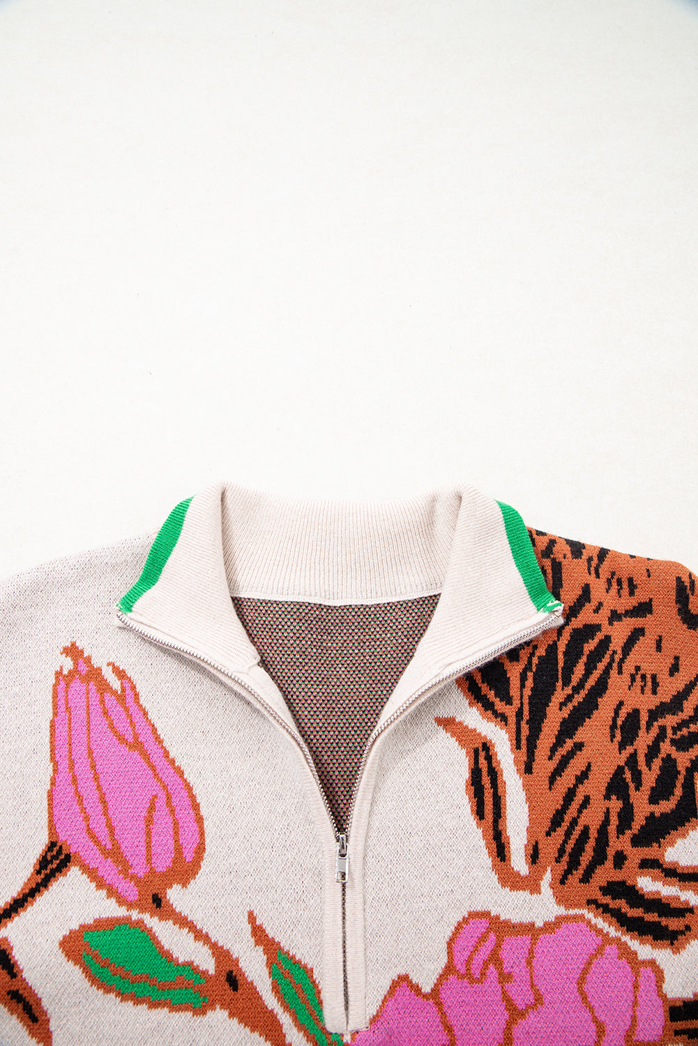 Floral Knit Quarter-Zip Long Sleeve Sweater