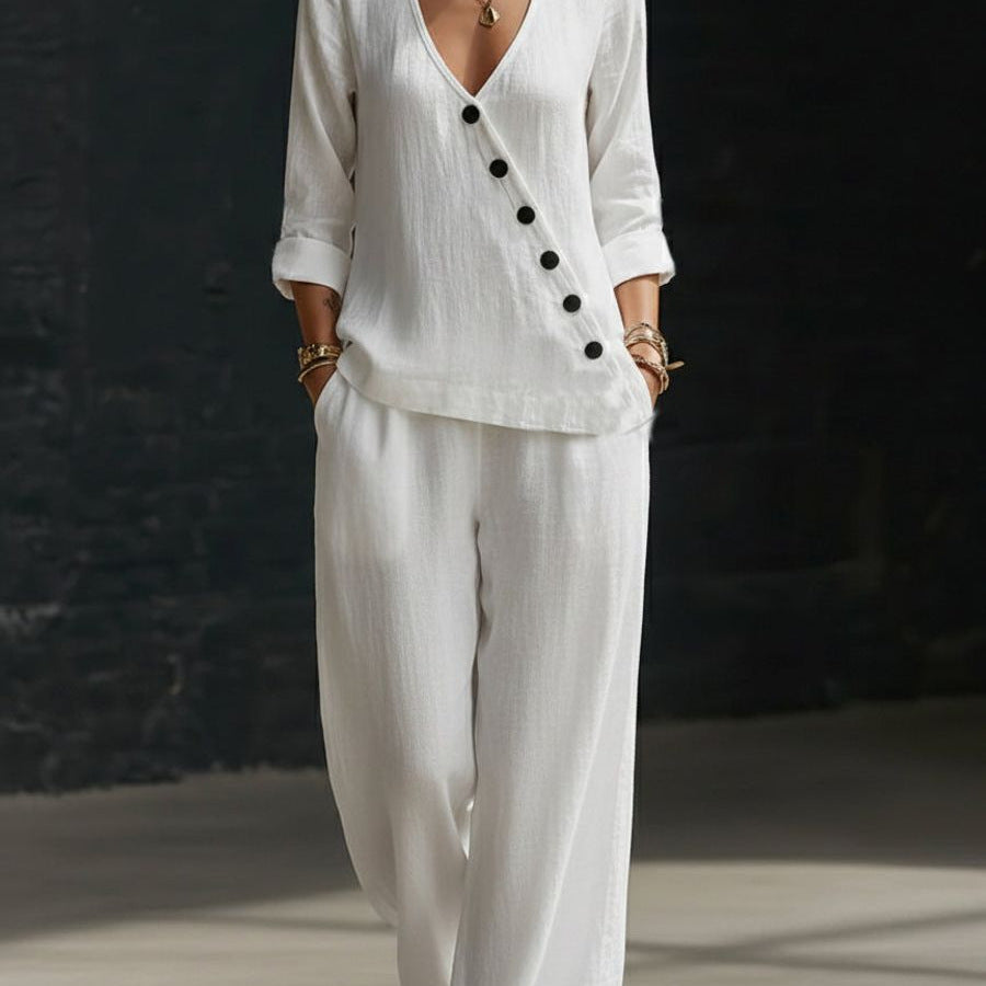 Women’s V-Neck Button-Detail Shirt and Wide-Leg Pants Set