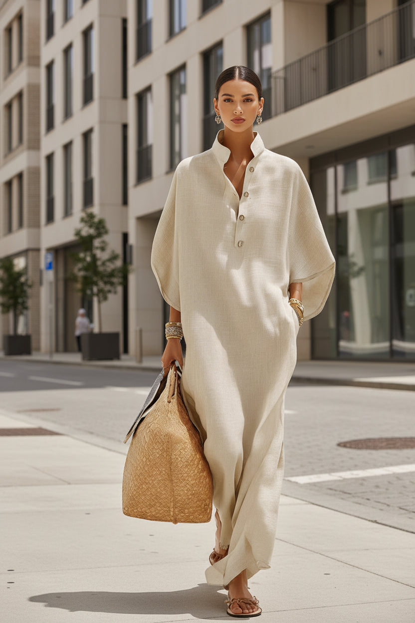 Women’s Stand Collar Button-Down Maxi Dress in Beige - Image 3