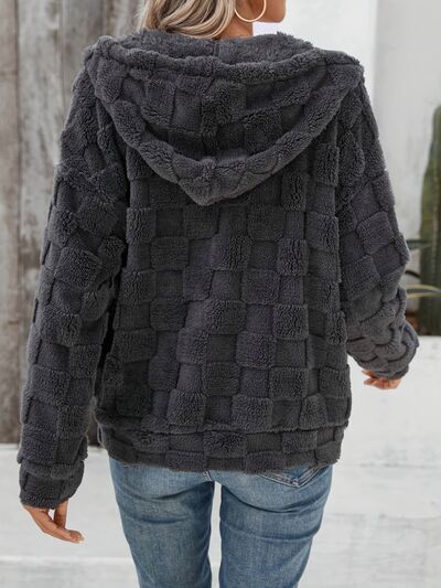 Dark Gray Fuzzy Zip-Up Jacket with Drawstring and Checkered Print