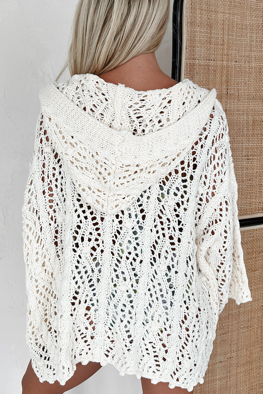 White Open Knit Hooded Beach Cover Up Women's Lightweight Layer
