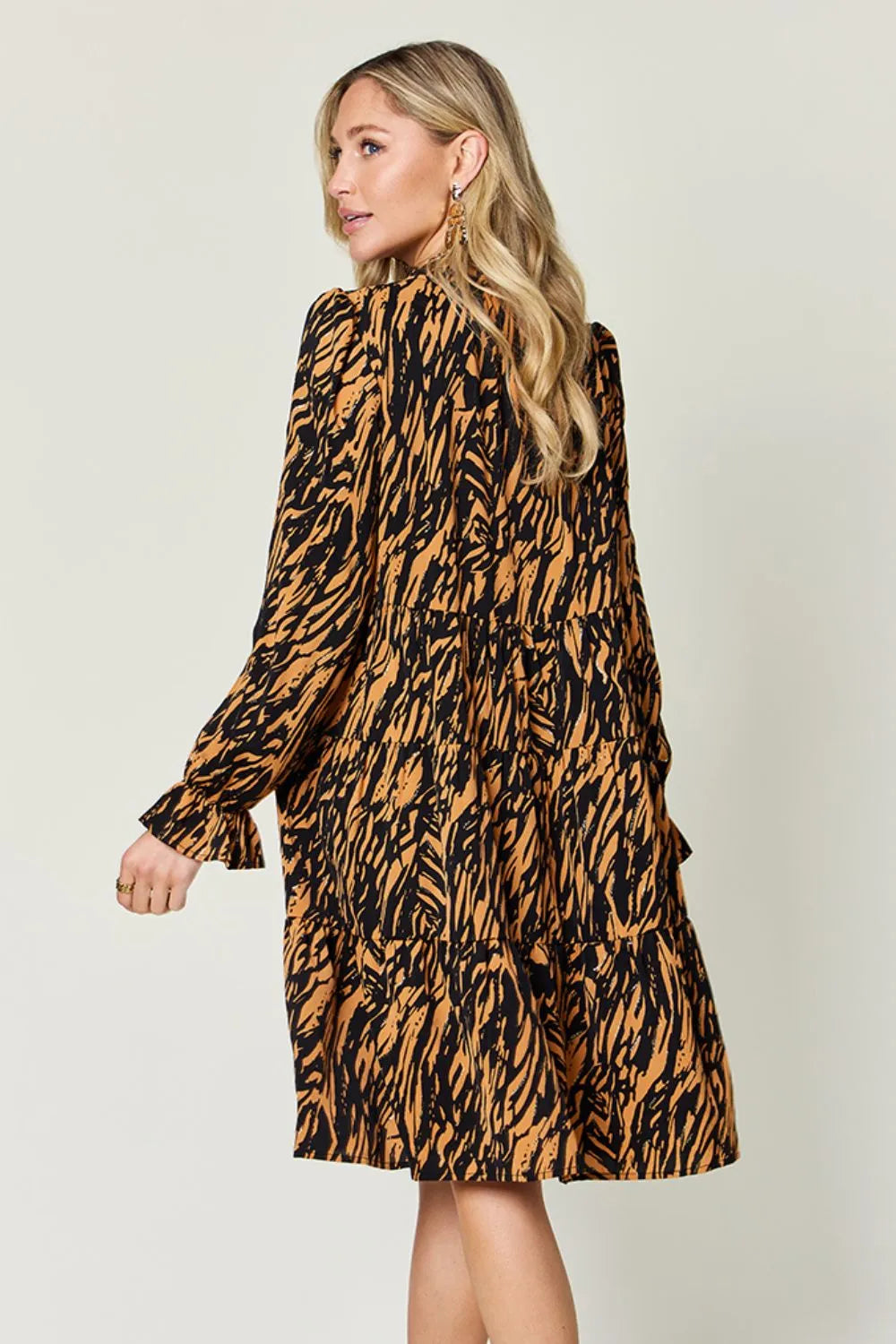 Printed Ruffle Hem Long Sleeve Mini Dress | V-Neck A-Line