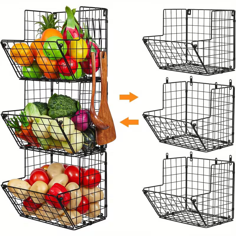 3-Tier Wall Mount Metal Wire Storage Basket with 5 S-Hooks