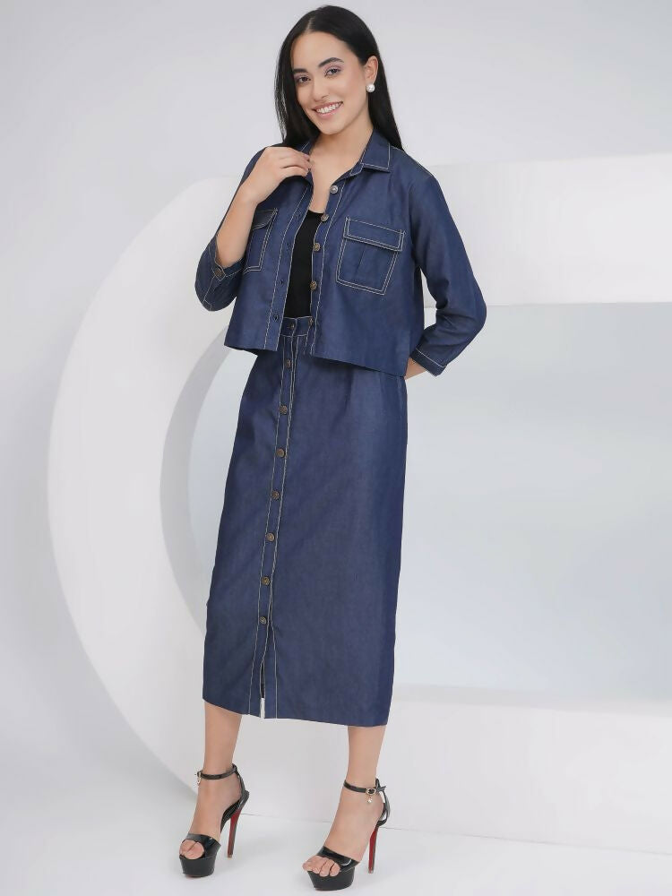 Black Cotton Denim Pencil Skirt Set with Matching Jacket