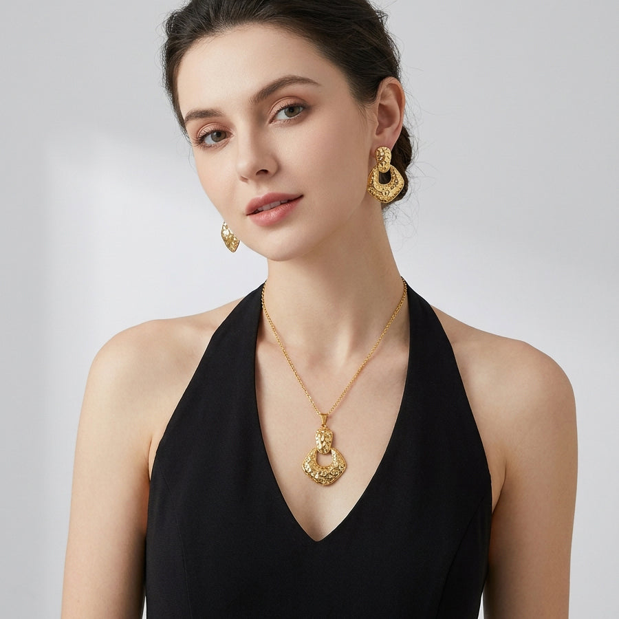 Gold Tone Hammered Textured Open U Shape Square Jewelry Set 2Pcs Women Pendant Necklace Drop Earrings Vintage Boho Concave Convex Statement Metal Jewelry Dropshipping Gift