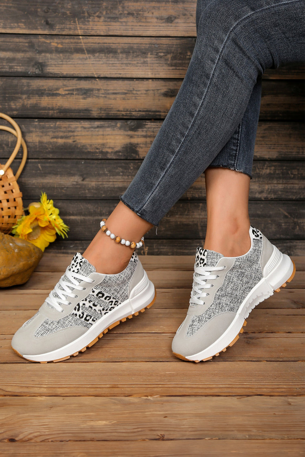 Rosalia Women's Retro Lace-Up Sneakers with Leopard Patchwork
