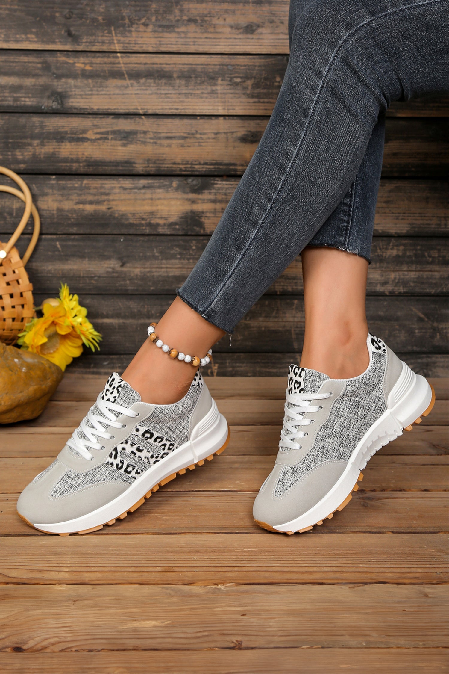 Rosalia Women's Retro Lace-Up Sneakers with Leopard Patchwork