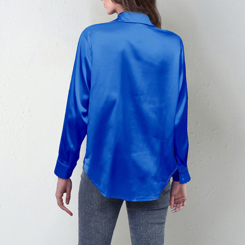 Women’s Satin Lapel Button-Down Blouse Long Sleeve Shirt