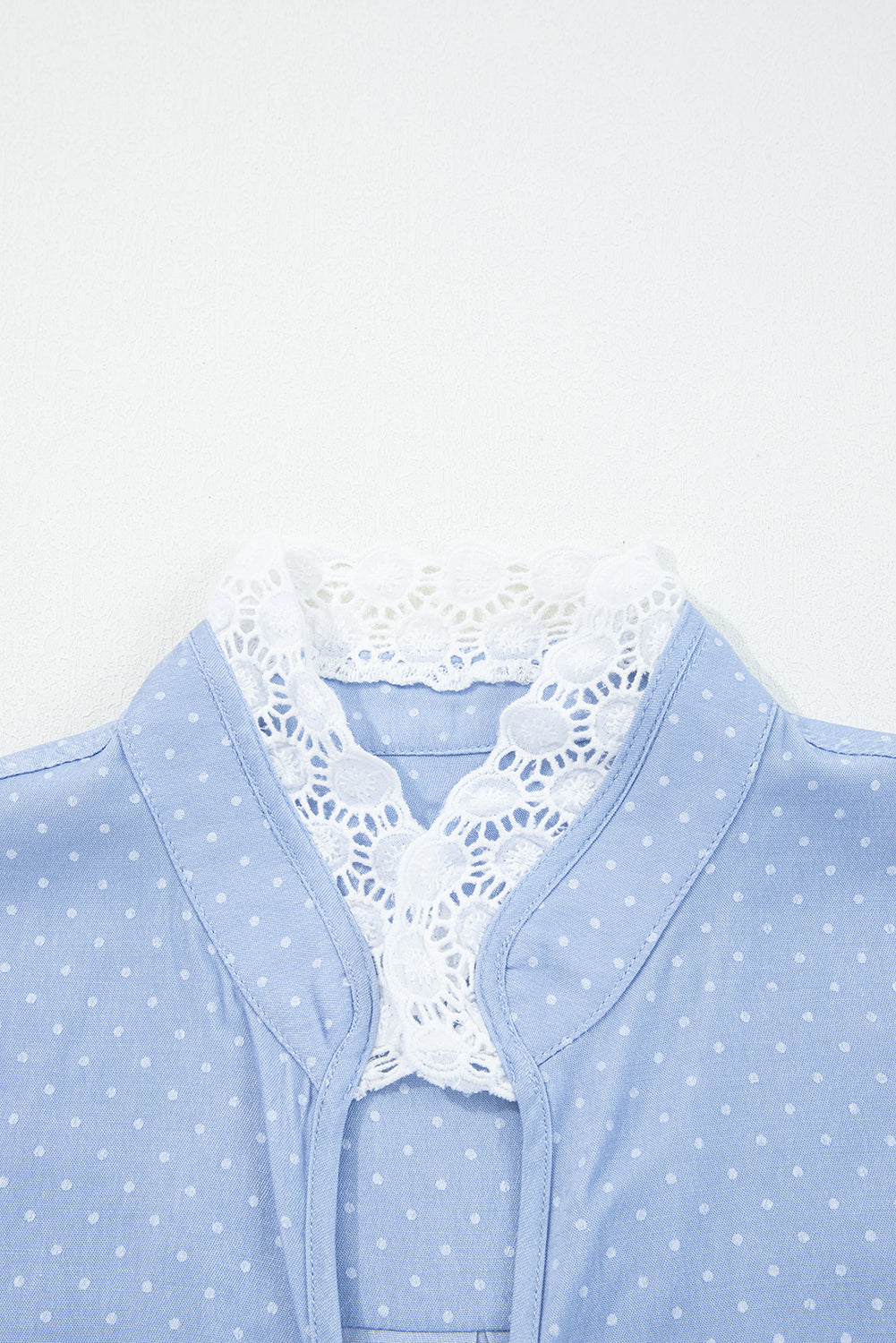 Dotted Denim Lace Trim Collared V-Neck Blouse