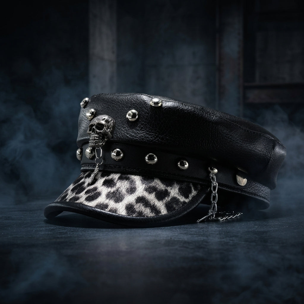 PU Leather Punk Peaked Cap with Chain & Stud Detail – Gothic Halloween Party Hat | 4 Designs: Cross, Leopard, Skull Claws & Spider