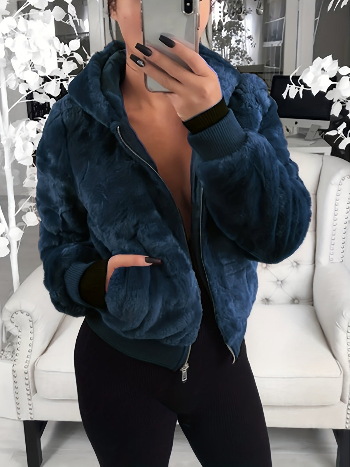 Elegant Hooded Plush Jacket for Autumn Winter Chic
