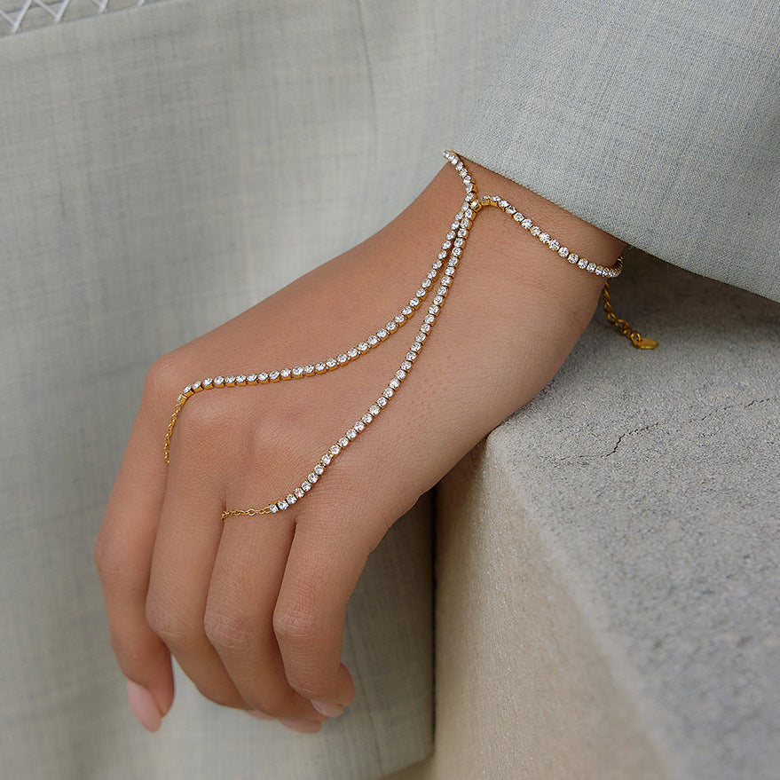Glamorous Rhinestone Hand Chain and Ring Bracelet Set