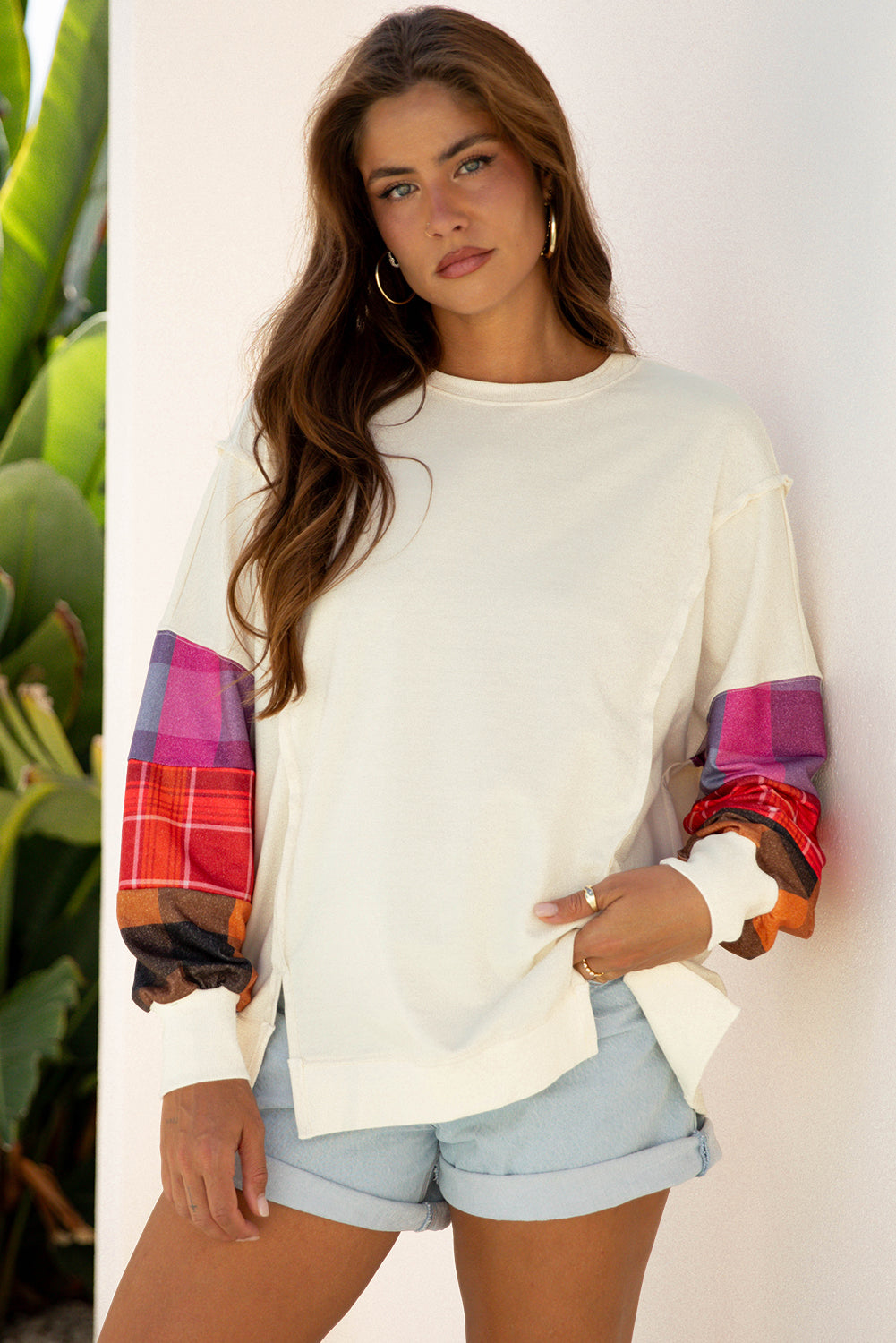 Plaid Patchwork Long Sleeve Exposed Seam Top