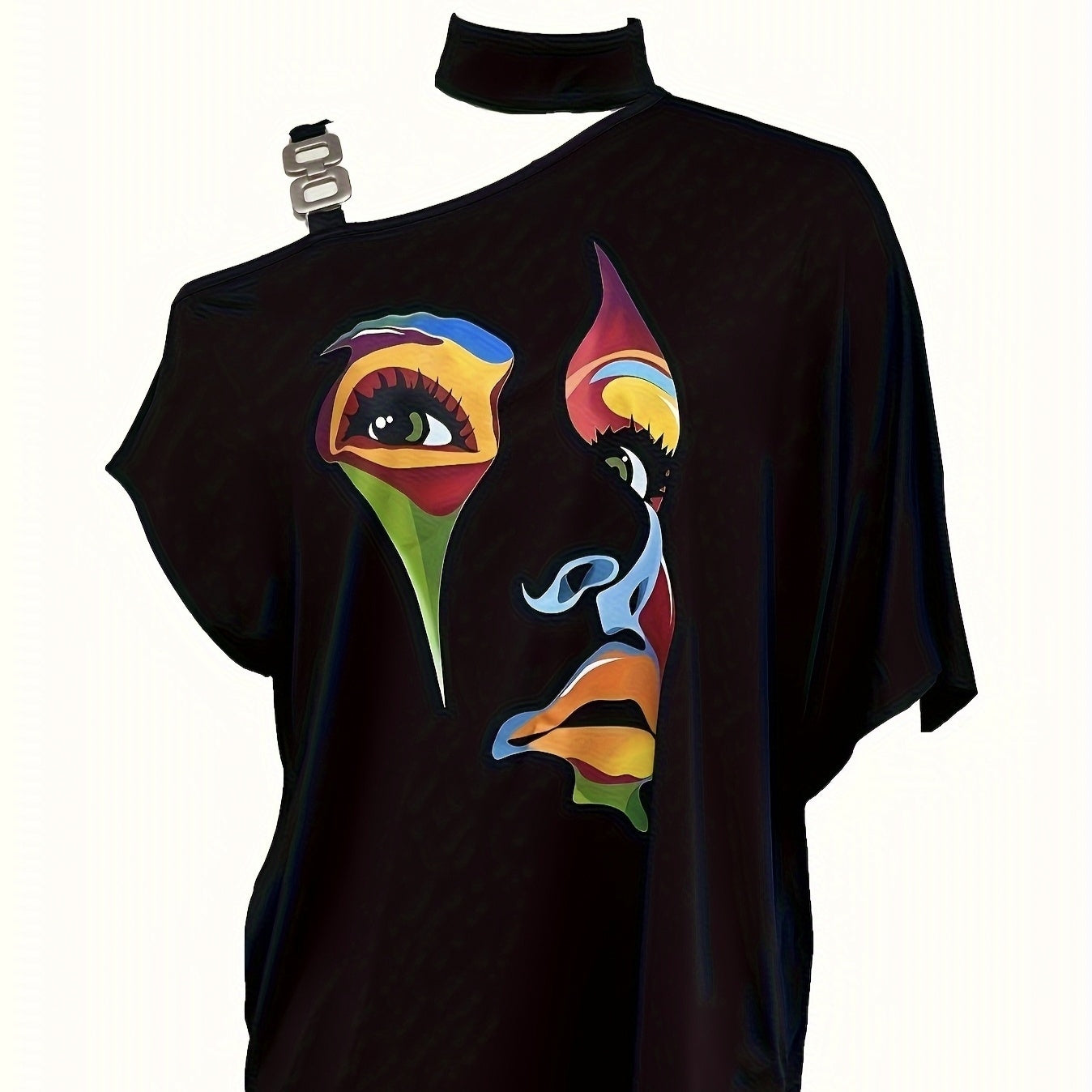 Women's Black One-Shoulder Printed T-Shirt with Metal Accent - Image 3