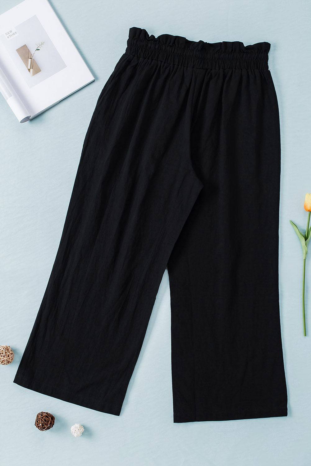 Solid Paperbag Waist Straight Leg Cropped Pants