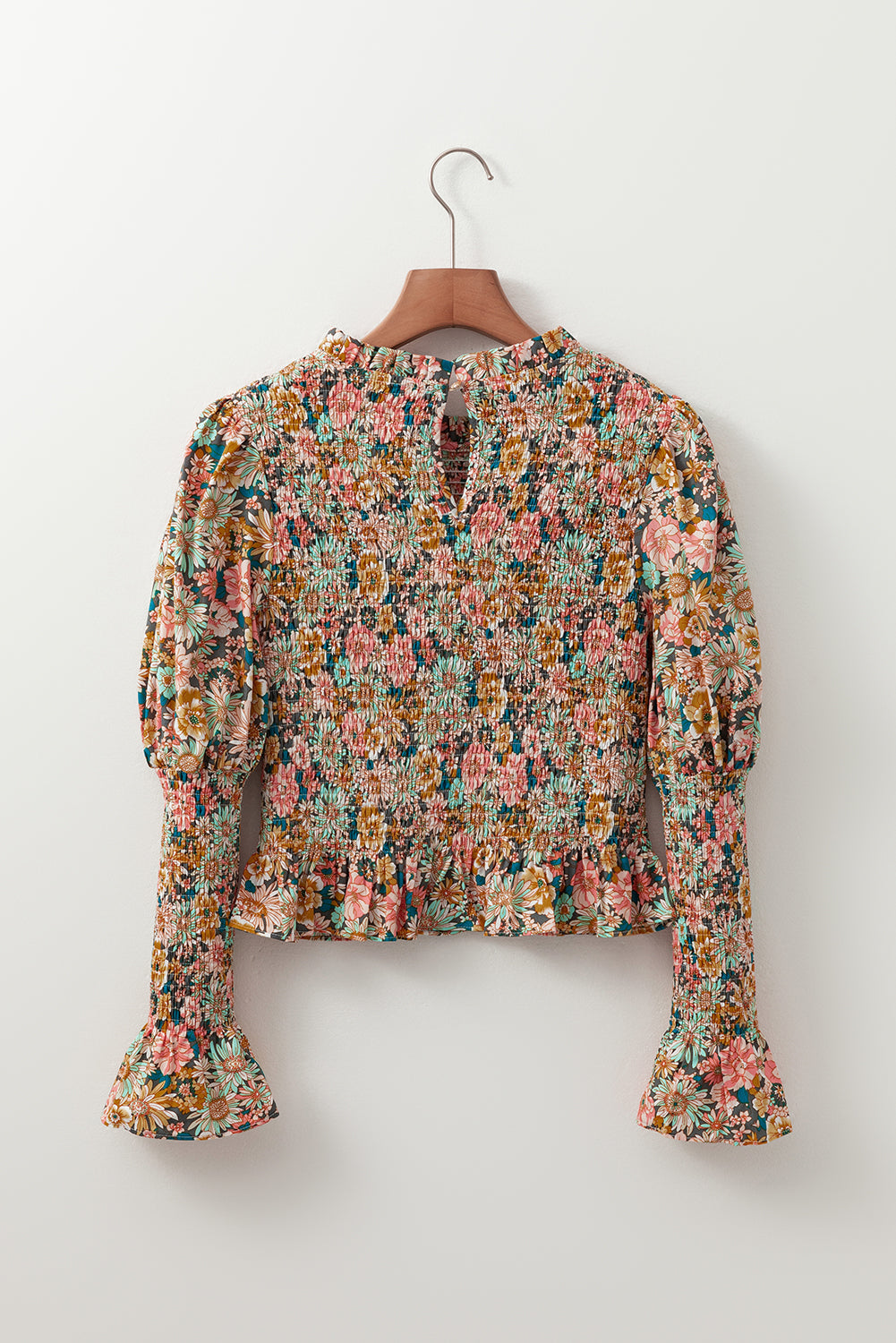 Yellow Floral Print Smocked Bubble Sleeve Crop Top