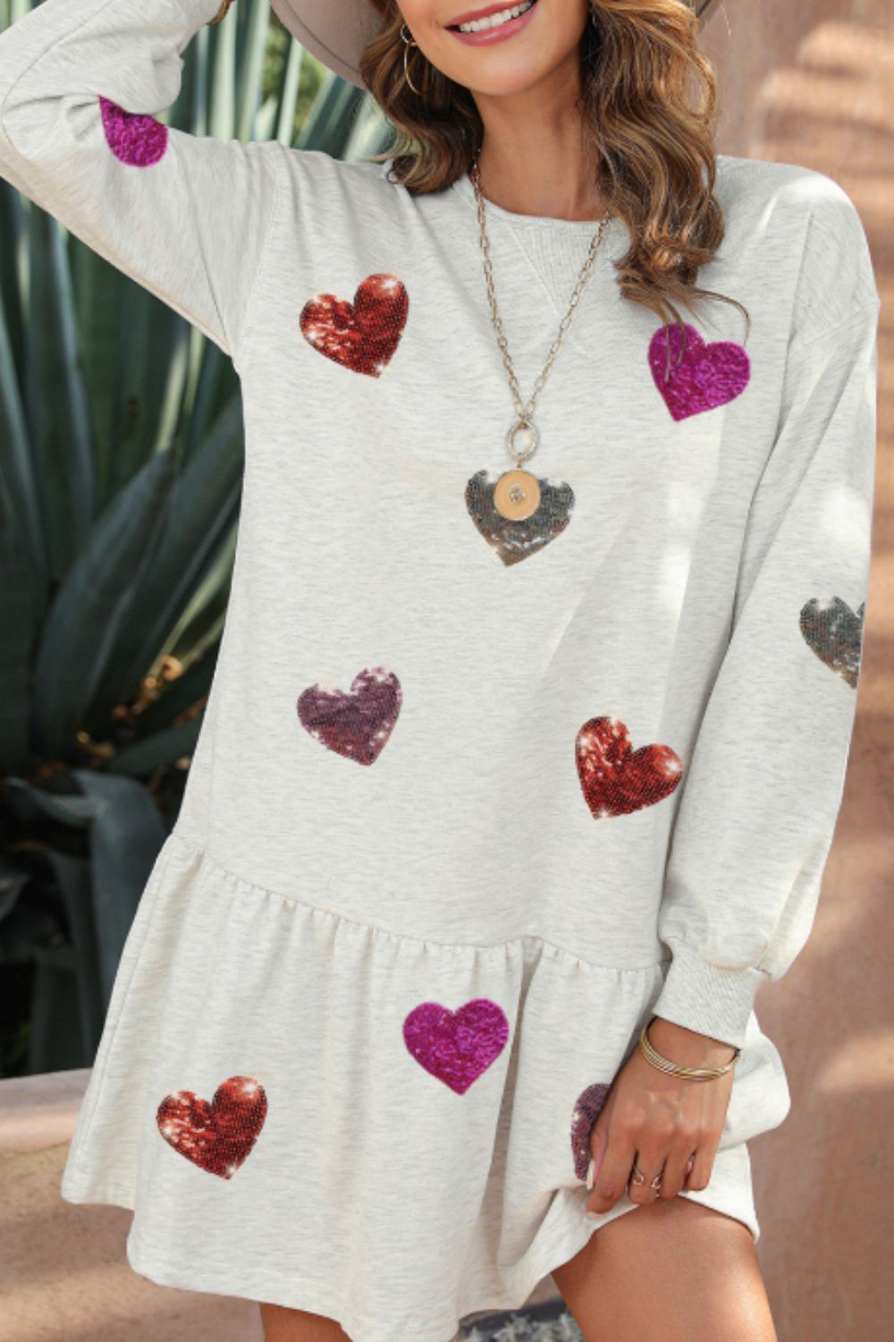 Girls Heart Round Neck Long Sleeve Knit Mini Dress in Pink & Grey